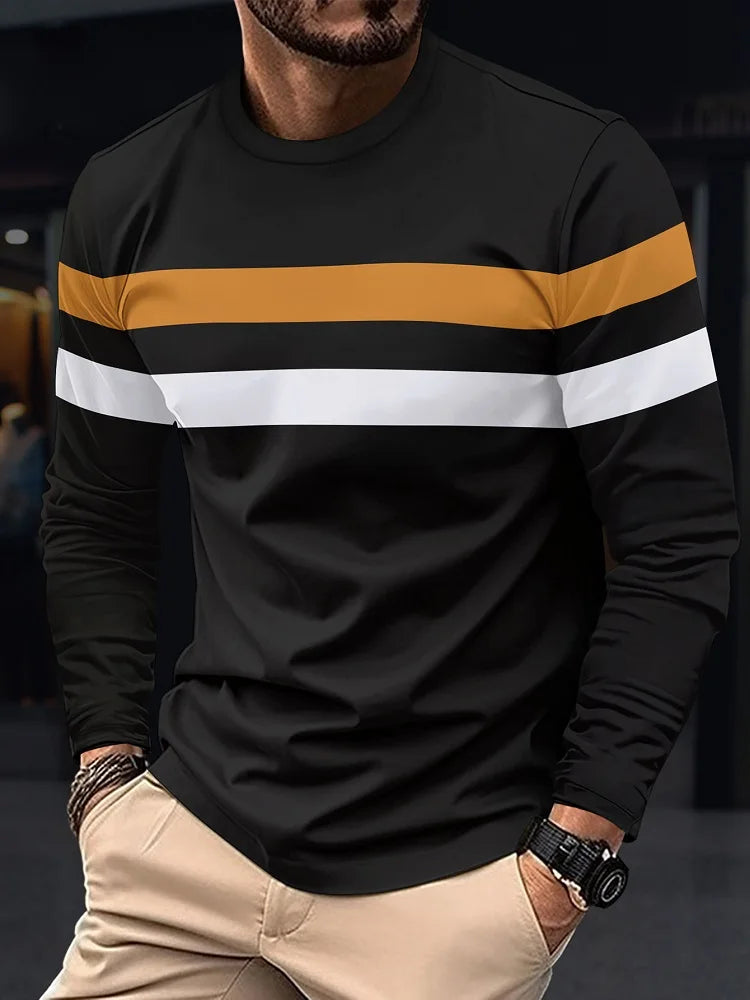 Men's Striped Long Sleeve T-Shirt - Round Neck Oversized Tee