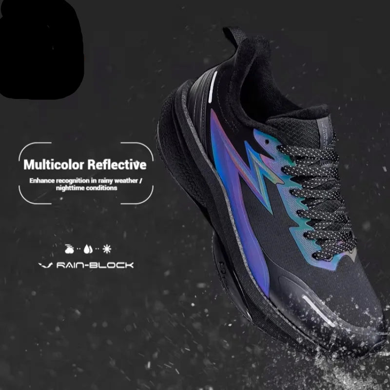 A black athletic sneaker with iridescent multicolor reflective side stripes, shown at an angle against a dark textured background with water splashes. Text overlays highlight features including '361°', 'Multicolor Reflective', and 'RAIN-BLOCK'.