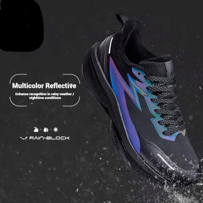 A black athletic sneaker with iridescent multicolor reflective side stripes, shown at an angle against a dark textured background with water splashes. Text overlays highlight features including '361°', 'Multicolor Reflective', and 'RAIN-BLOCK'.