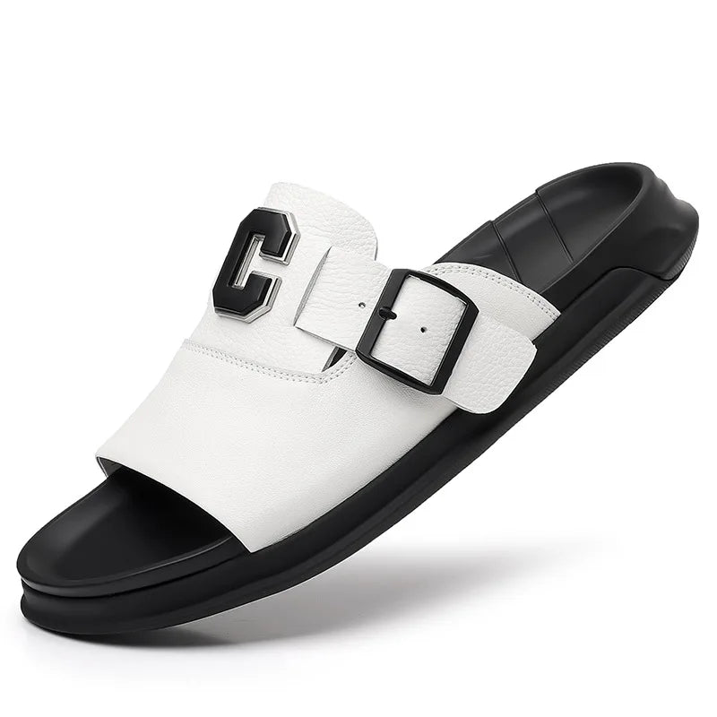 Men's Genuine Leather Platform Sandals | Roman Buckle Summer Slides – Footmaxldn