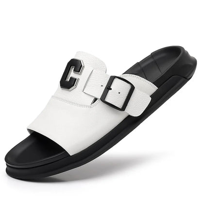 Men's Genuine Leather Platform Sandals | Roman Buckle Summer Slides – Footmaxldn