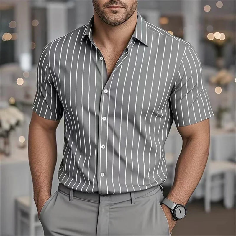Men's Striped Short Sleeve Shirt - Casual Breathable Button-Up by Footmax