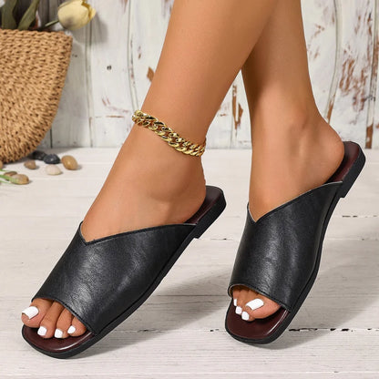 Women's Open-Toe Flat Slide Sandals – Soft Leather-Look Summer Slides