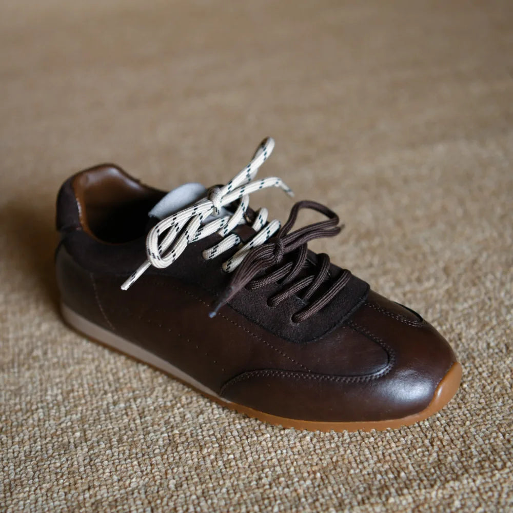 Footmaxldn Women's Genuine Leather Patchwork Lace-Up Flat Sneakers
