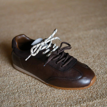 Footmaxldn Women's Genuine Leather Patchwork Lace-Up Flat Sneakers