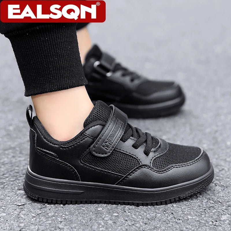 Footmax Kids Black Sports Shoes - Non-Slip Lightweight Tennis Trainers for Boys & Girls - footmaxldn
