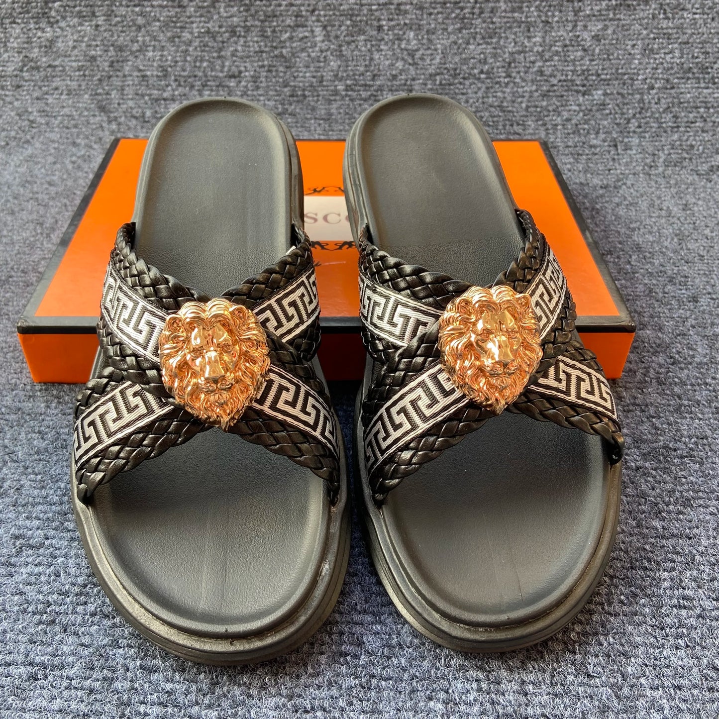 Footmaxldn Lion Head Cross-Strap Slides | Men's Designer Sandals