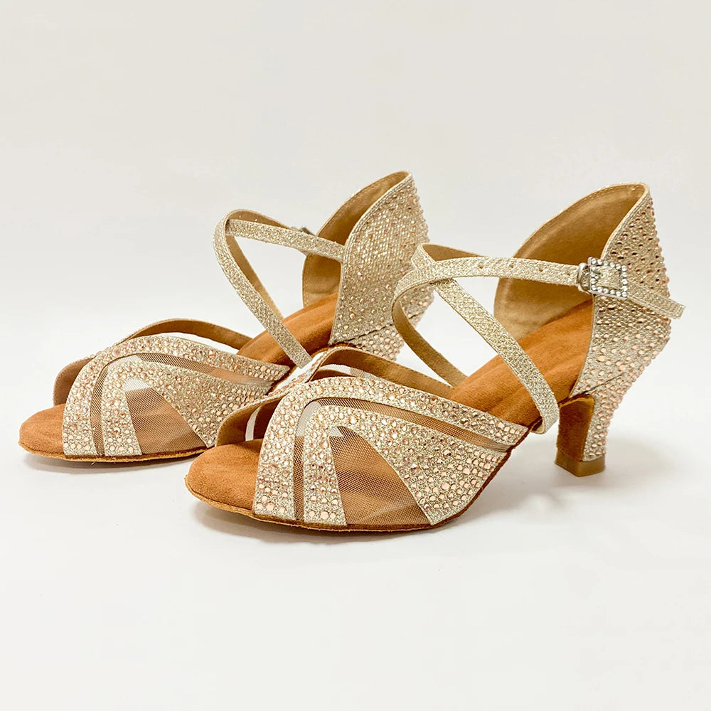Footmaxldn Women's Latin Ballroom Dance Shoes | Rhinestone Satin & Suede Sole