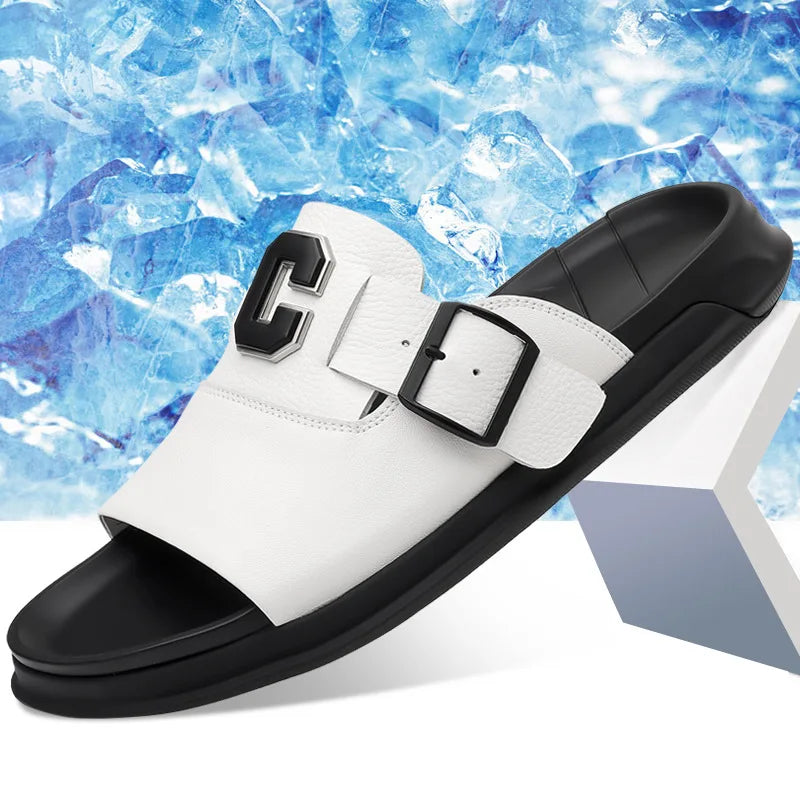 Men's Genuine Leather Platform Sandals | Roman Buckle Summer Slides – Footmaxldn