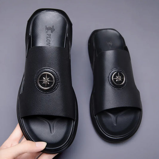 Footmax Men's Genuine Leather Roman Sandals - Luxury Comfort Slippers - footmaxldn