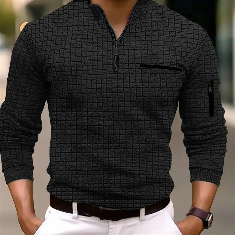 Footmax Men's Plaid Turtleneck Zipper Polo Shirt - Long Sleeve Business Casual Sports - footmaxldn