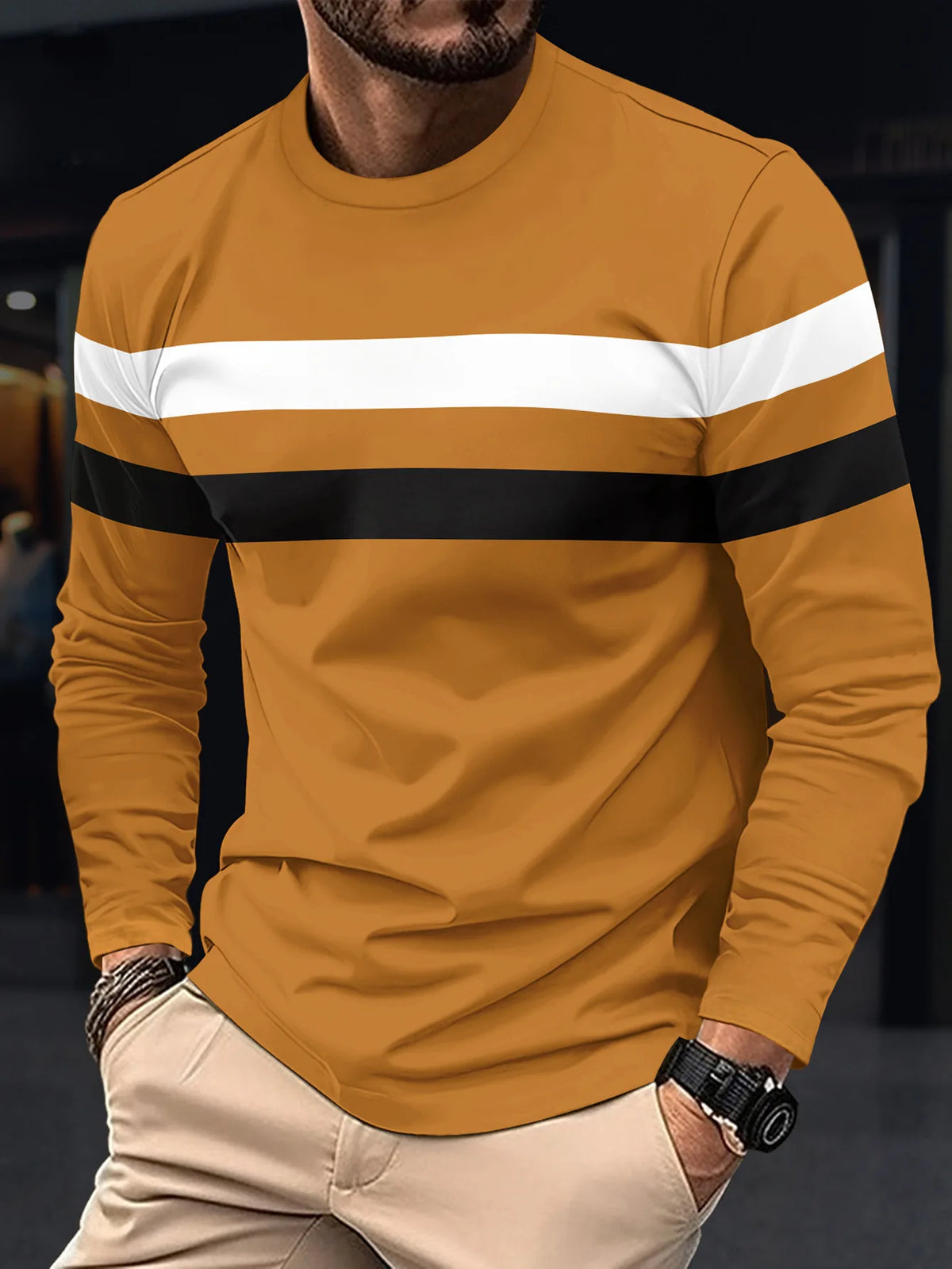 Men's Striped Long Sleeve T-Shirt - Round Neck Oversized Tee