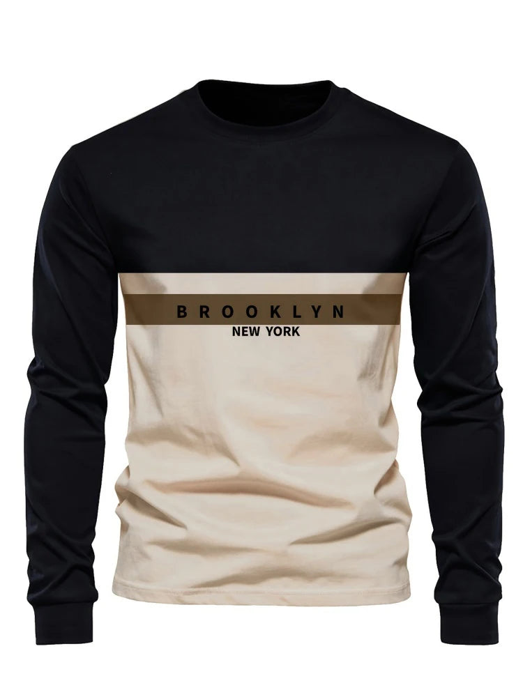 Men's Beige & Black Colour-Block Long-Sleeve T-Shirt