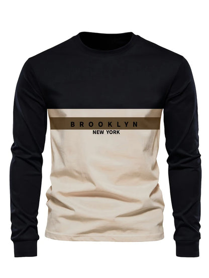 Men's Beige & Black Colour-Block Long-Sleeve T-Shirt
