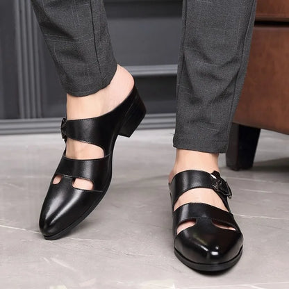 Men's Black Leather Block Heel Mule Slides | Footmaxldn