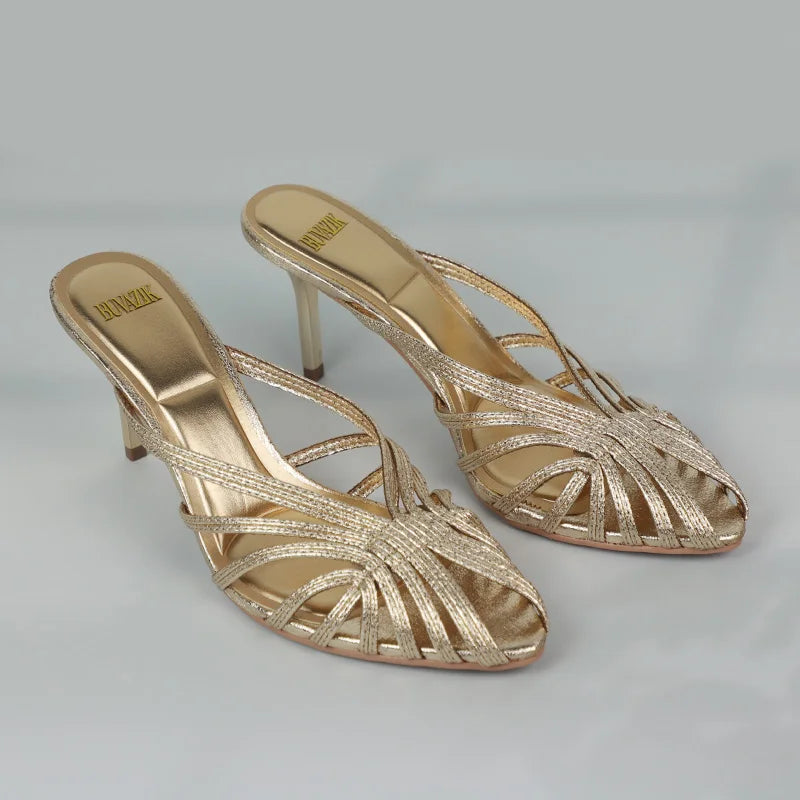 New Gold Hollow Thin Strip Heels for Women Luxury Pointed Toe Heeled Pumps Office Lady Mules Summer Stiletto Shoe Sandals 2025 - footmaxldn