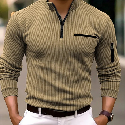 Footmax Men's Long Sleeve Striped Polo Shirt - Zipper Collar Retro Sports Outdoor - footmaxldn