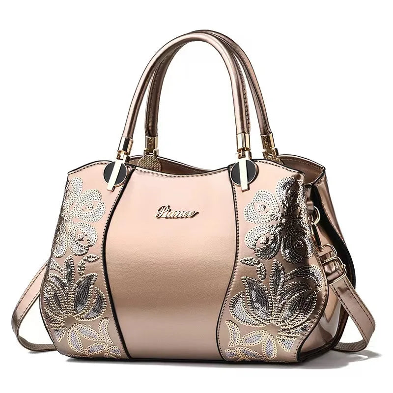 Footmax Flower Embroidered Boston Bag - Women's Patent Leather Crossbody Handbag