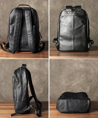 High Quality Fashion Genuine Leather Backpack Men Bagpack Student School Bag Backpack daily male Rucksack large Knapsack Black - footmaxldn