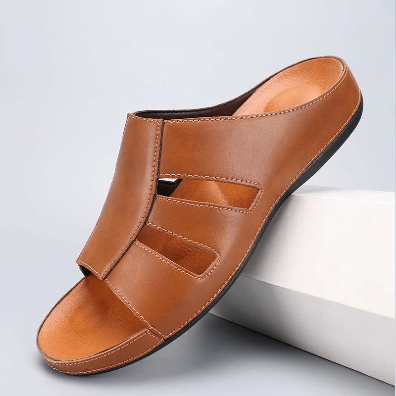 Men's Handmade Leather Peep-Toe Slippers – Footmaxldn