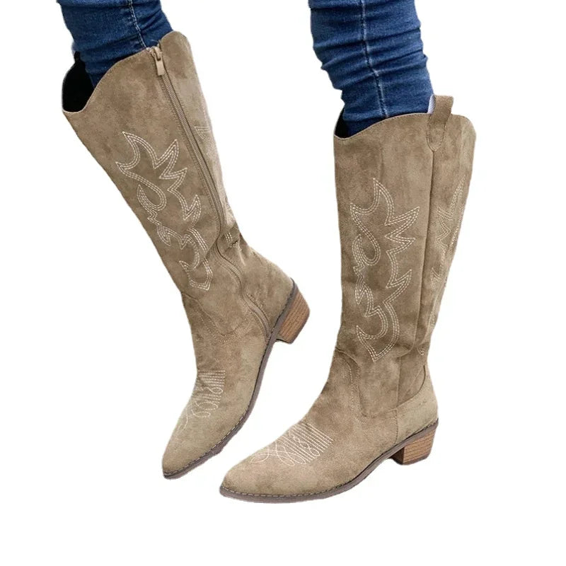 Women's Embroidered Western Knee-High Boots – Square Heel, Pointed Toe | Footmaxldn