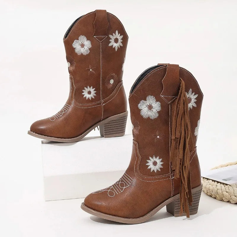 Floral Western Knee High Boots Girls Premium Quality Slip-on Fringe Cowboy Booties Kids Autumn Heeled Point Toe Botas para niños - footmaxldn