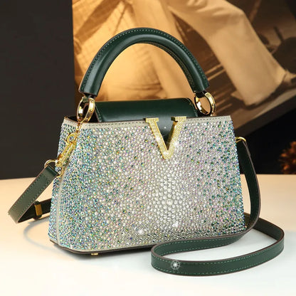 V Letter Diamond Crossbody Bag - Luxury Genuine Leather Bag | footmaxldn - footmaxldn