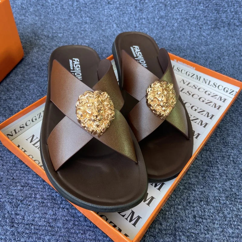 size38-48 original shoes brand summer leather slides for man black brown fashion shoes for mens slippers business beach slippers - footmaxldn