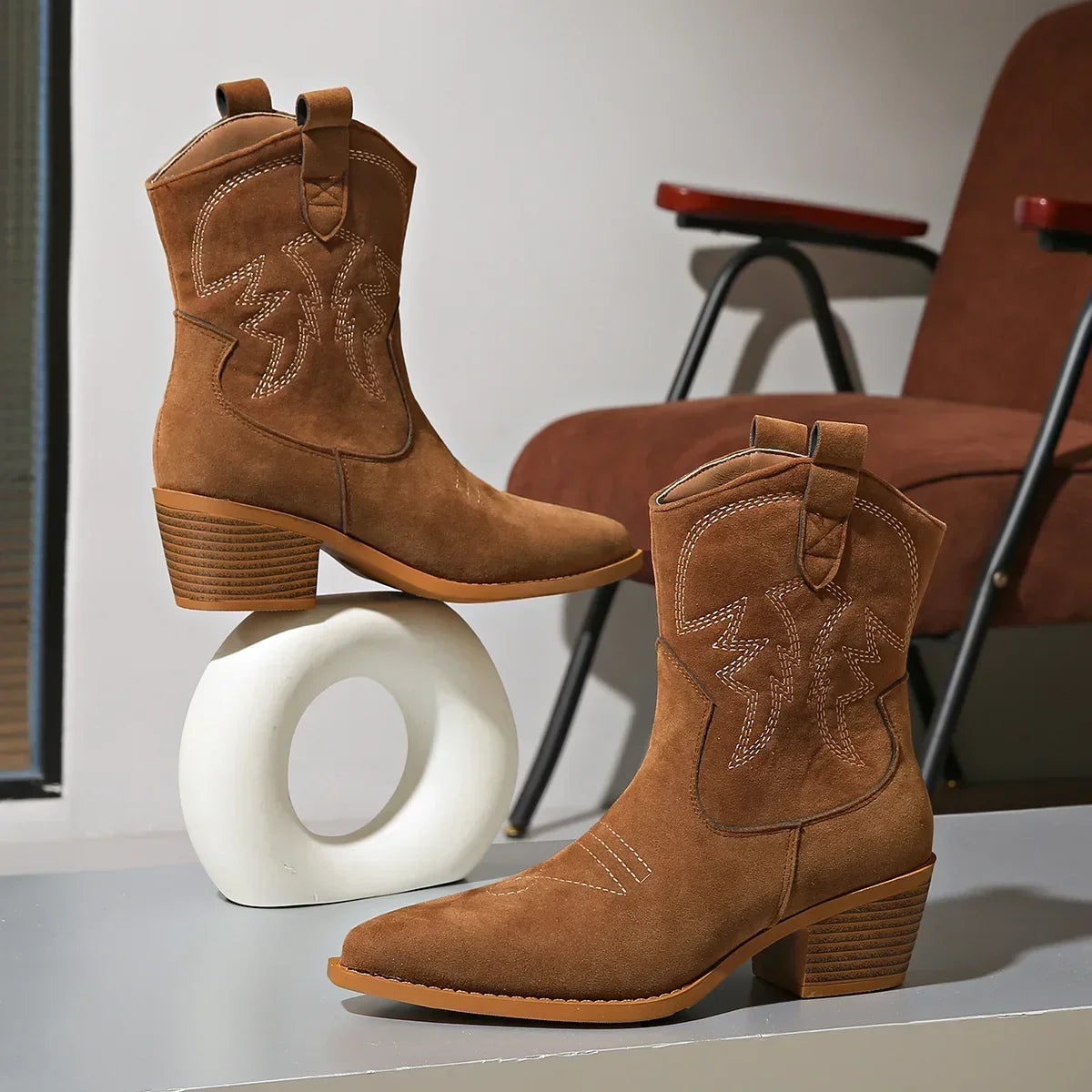 Brown Embroidered Western Ankle Boots with Pointed Toe and Block Heel