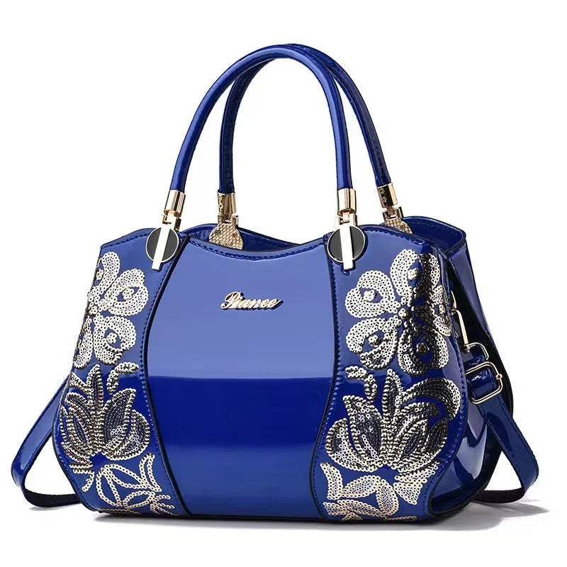 Footmax Flower Embroidered Boston Bag - Women's Patent Leather Crossbody Handbag