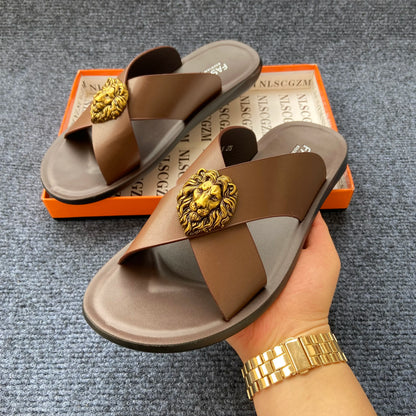 Men's Leather Cross-Strap Slides with Gold Lion Emblem – Footmaxldn