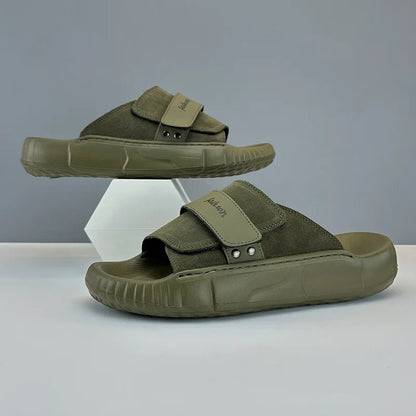 2024 Summer New Arrival Trend Lightweight Casual Genuine Leather Slippers Non-slip Outdoor Amy Green Cool Men Slippers - footmaxldn