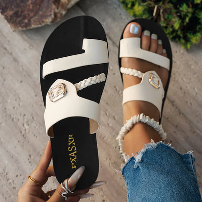 Summer Ladies Flat Sandals Fashion Diamond Buckle Elegant Woven Strap Comfortable Easy-To-Wear Thong Slippers - footmaxldn