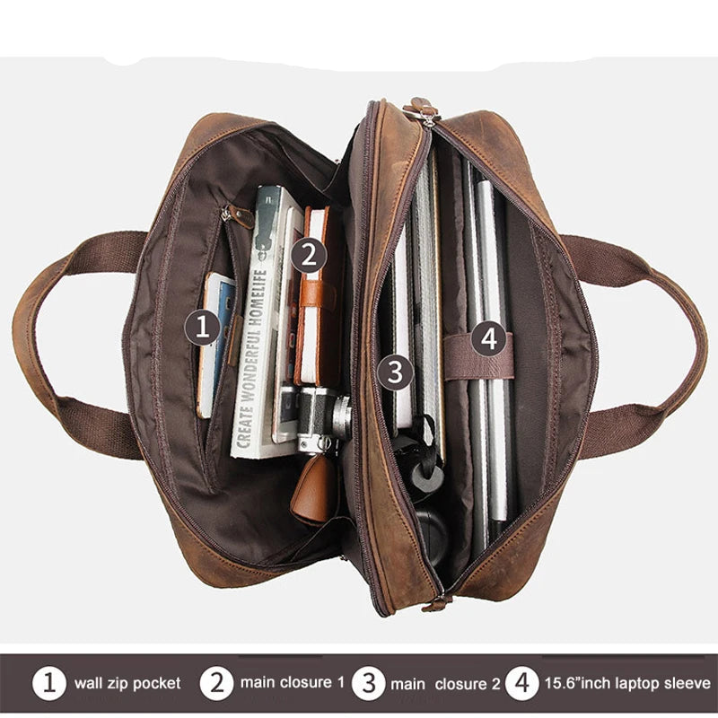 High Quality Genuine Leather Men Briefcase Business bag Crazy Horse Leather Large 17"inch Laptop Bag male Portfolio Office Case - footmaxldn