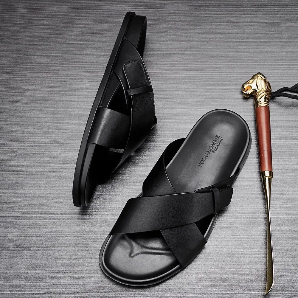 Men's Genuine Leather Sandals | Handcrafted Cow Leather Slides | footmaxldn