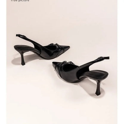 Fashionable Pointed Toe Shallow Mouth New High-heeled Shoes Summer Elegant Buckle Decorated Stiletto Black Women's Shoes NO:602 - footmaxldn