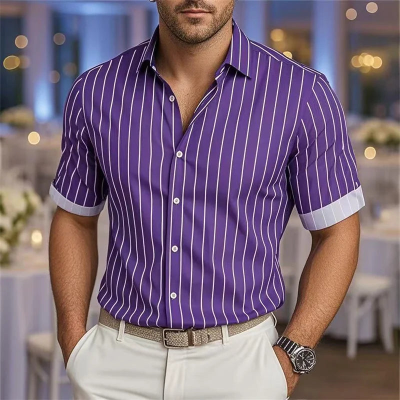 Men's Striped Short Sleeve Shirt - Casual Breathable Button-Up by Footmax