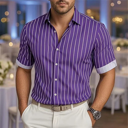 Men's Striped Short Sleeve Shirt - Casual Breathable Button-Up by Footmax