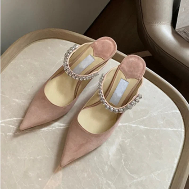 Footmaxldn Rhinestone Chain Stiletto Mules – Patent Leather High Heel Sandals for Women