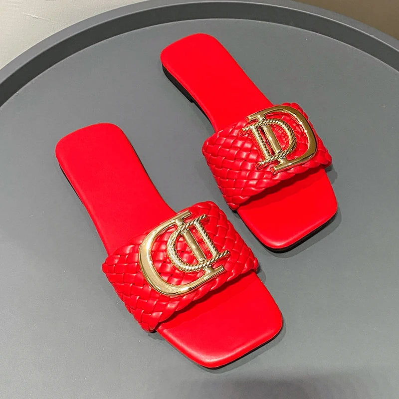 Women Slippers Party Sexy Elegant Slippers Women Luxury Decor Weave Designer Flat Sandals Fashion Open-toe Vacation Slides Women - footmaxldn