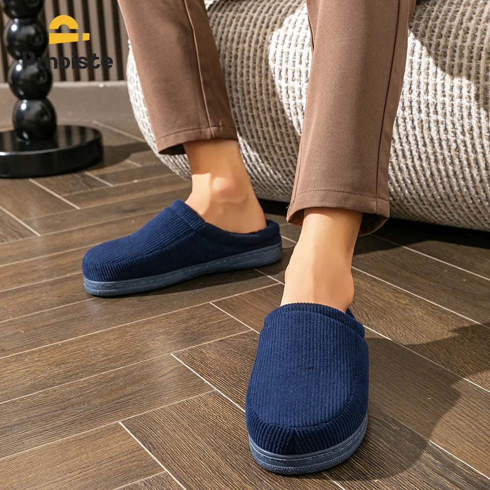 Pmoiste Stripe Corduroy House Shoes Men Warm Soft TPR Cushion Memory Foam Home Slippers Slip On Winter Indoor High-quality - footmaxldn
