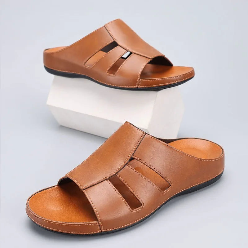 Men's Handmade Leather Peep-Toe Slippers – Footmaxldn