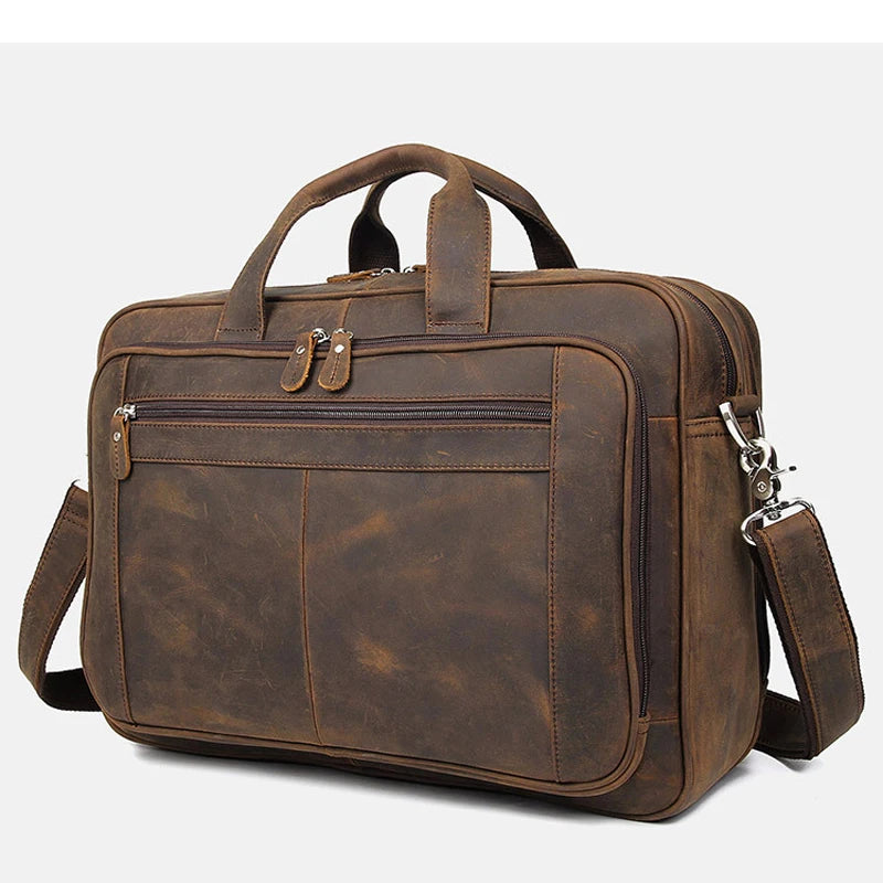 High Quality Genuine Leather Men Briefcase Business bag Crazy Horse Leather Large 17"inch Laptop Bag male Portfolio Office Case - footmaxldn