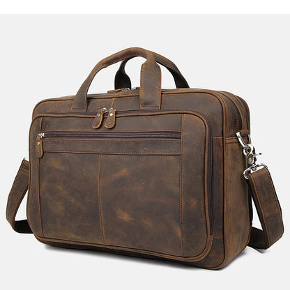 High Quality Genuine Leather Men Briefcase Business bag Crazy Horse Leather Large 17"inch Laptop Bag male Portfolio Office Case - footmaxldn