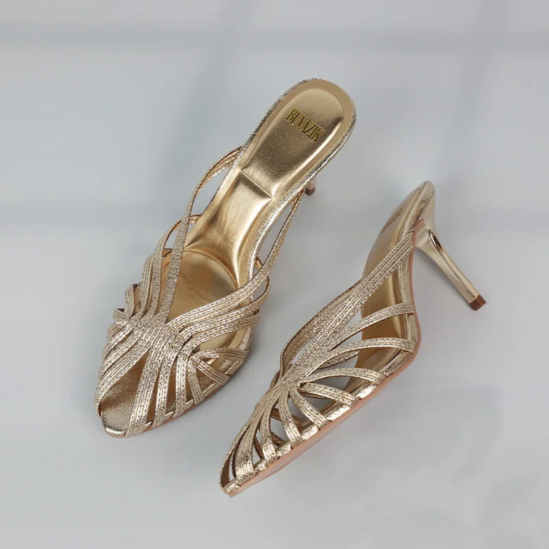 New Gold Hollow Thin Strip Heels for Women Luxury Pointed Toe Heeled Pumps Office Lady Mules Summer Stiletto Shoe Sandals 2025 - footmaxldn