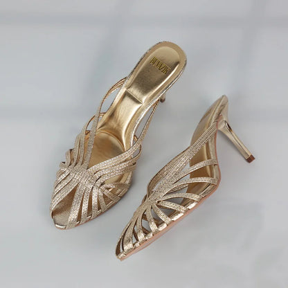 New Gold Hollow Thin Strip Heels for Women Luxury Pointed Toe Heeled Pumps Office Lady Mules Summer Stiletto Shoe Sandals 2025 - footmaxldn