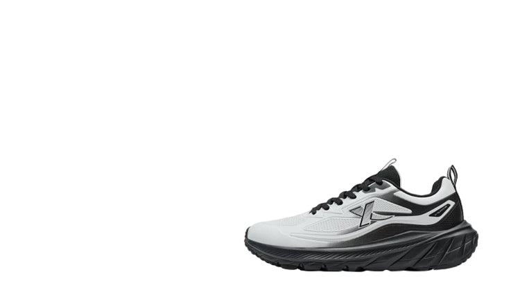 White and black sneaker with 'Moon Gray/Black' text on a white background