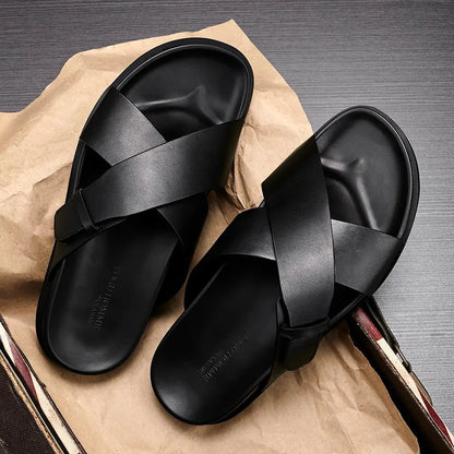 Men's Genuine Leather Sandals | Handcrafted Cow Leather Slides | footmaxldn