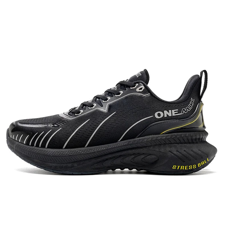 Black running shoe with 'ONEMIX' branding on a white background