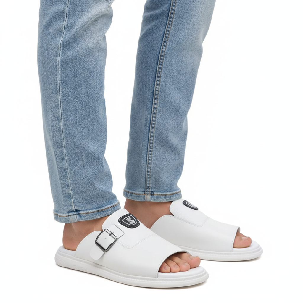 Men's Leather Slide Sandals with Buckle Strap – Footmaxldn